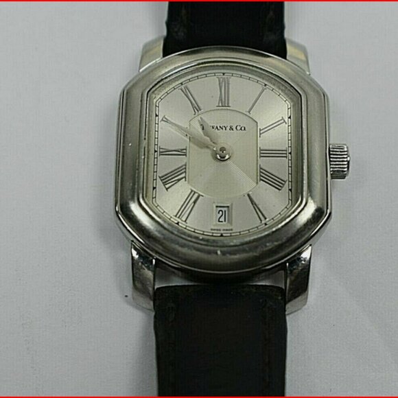 Tiffany &Co Atlas Mark Coupe Watch Resonator Date Silver &  Black Leather - Picture 2 of 10